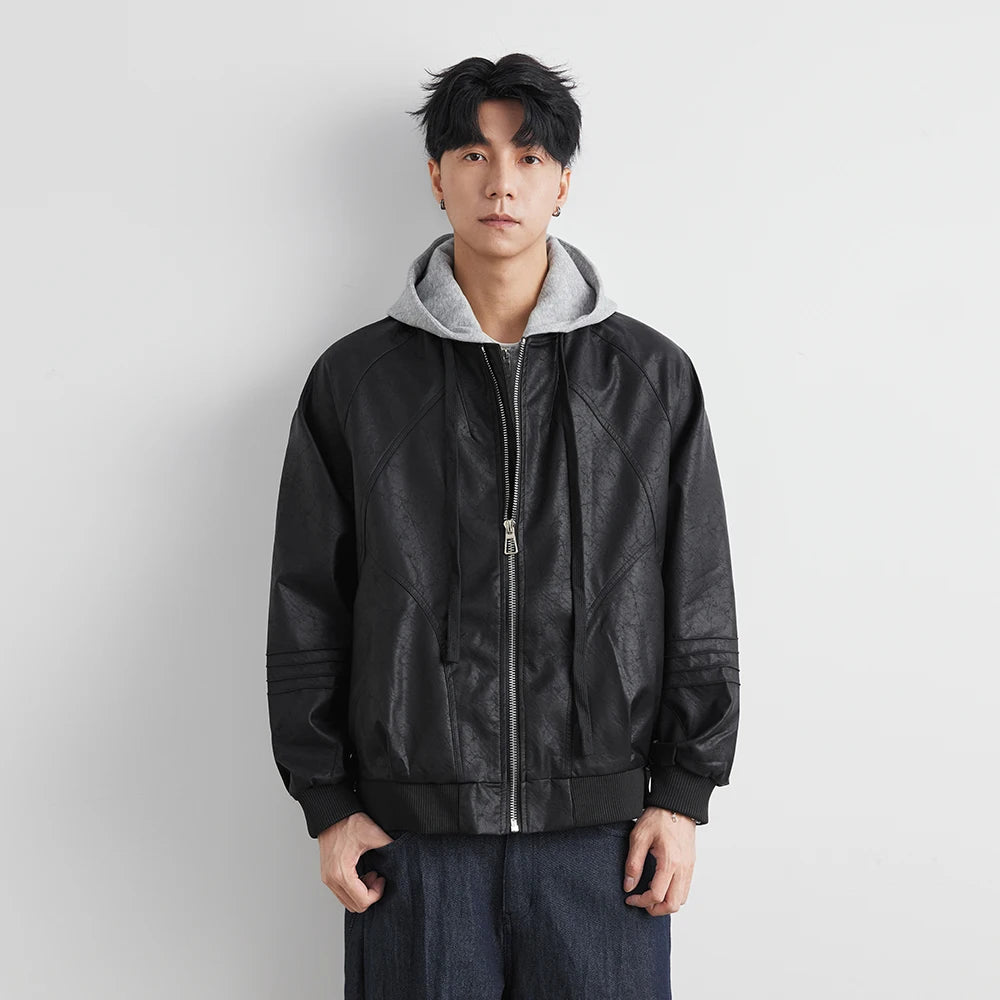 Faux Leather Motorcycle Jacket with Hood