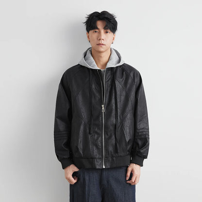 Faux Leather Motorcycle Jacket with Hood