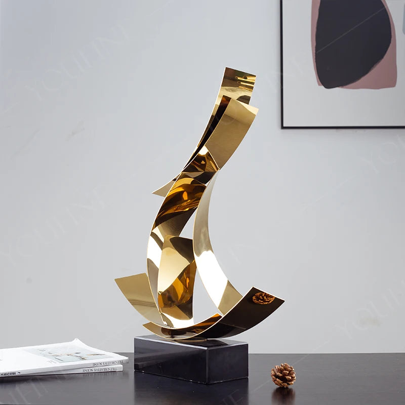 Abstract Polished Steel Ribbon Sculpture with Marble Base