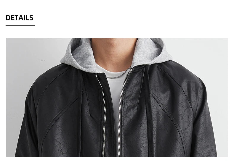 Faux Leather Motorcycle Jacket with Hood