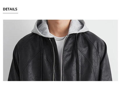 Faux Leather Motorcycle Jacket with Hood