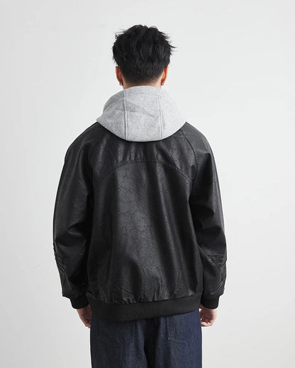 Faux Leather Motorcycle Jacket with Hood