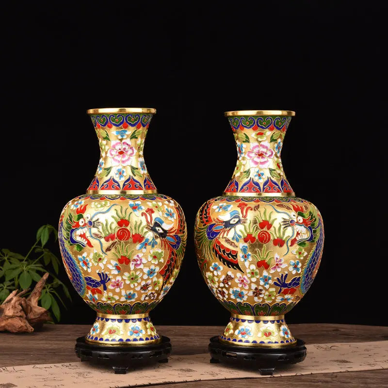 Imperial Pair - Cloisonné Enamel Vases with Floral Motifs