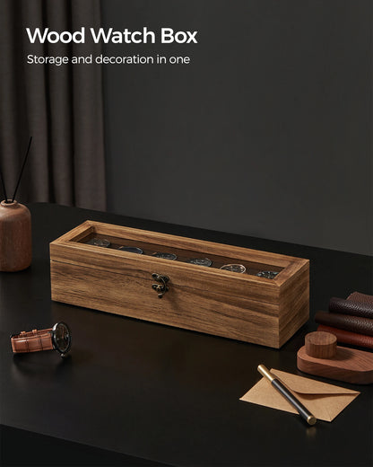 Rustic 6-Slot Wooden Watch Display Box with Glass Lid and Velvet Lining