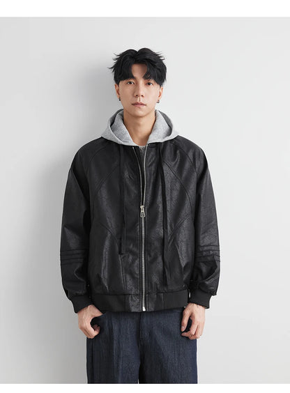 Faux Leather Motorcycle Jacket with Hood
