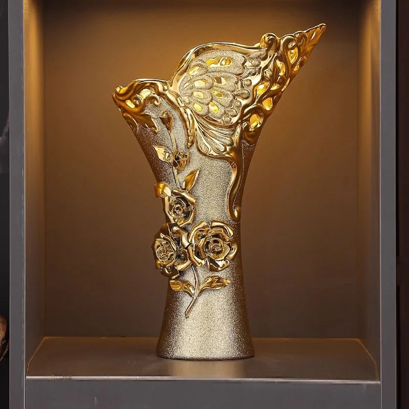 VASE WITH RAISED GOLD FLOWERS | 15-Inch Baroque Relief Sculpture
