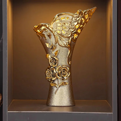 VASE WITH RAISED GOLD FLOWERS | 15-Inch Baroque Relief Sculpture