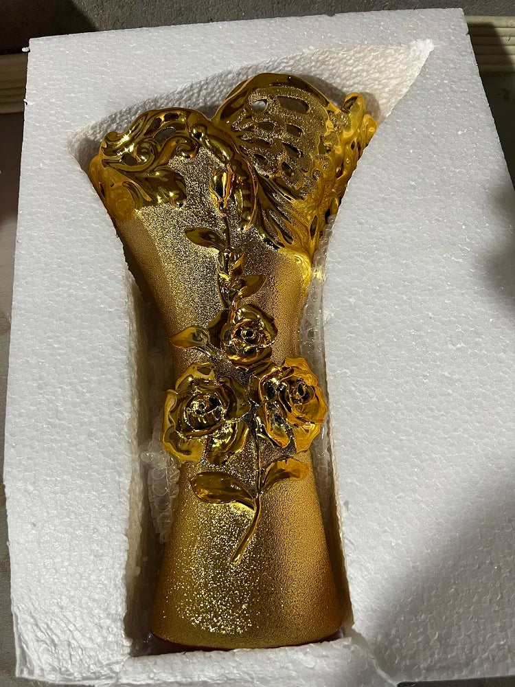 VASE WITH RAISED GOLD FLOWERS | 15-Inch Baroque Relief Sculpture