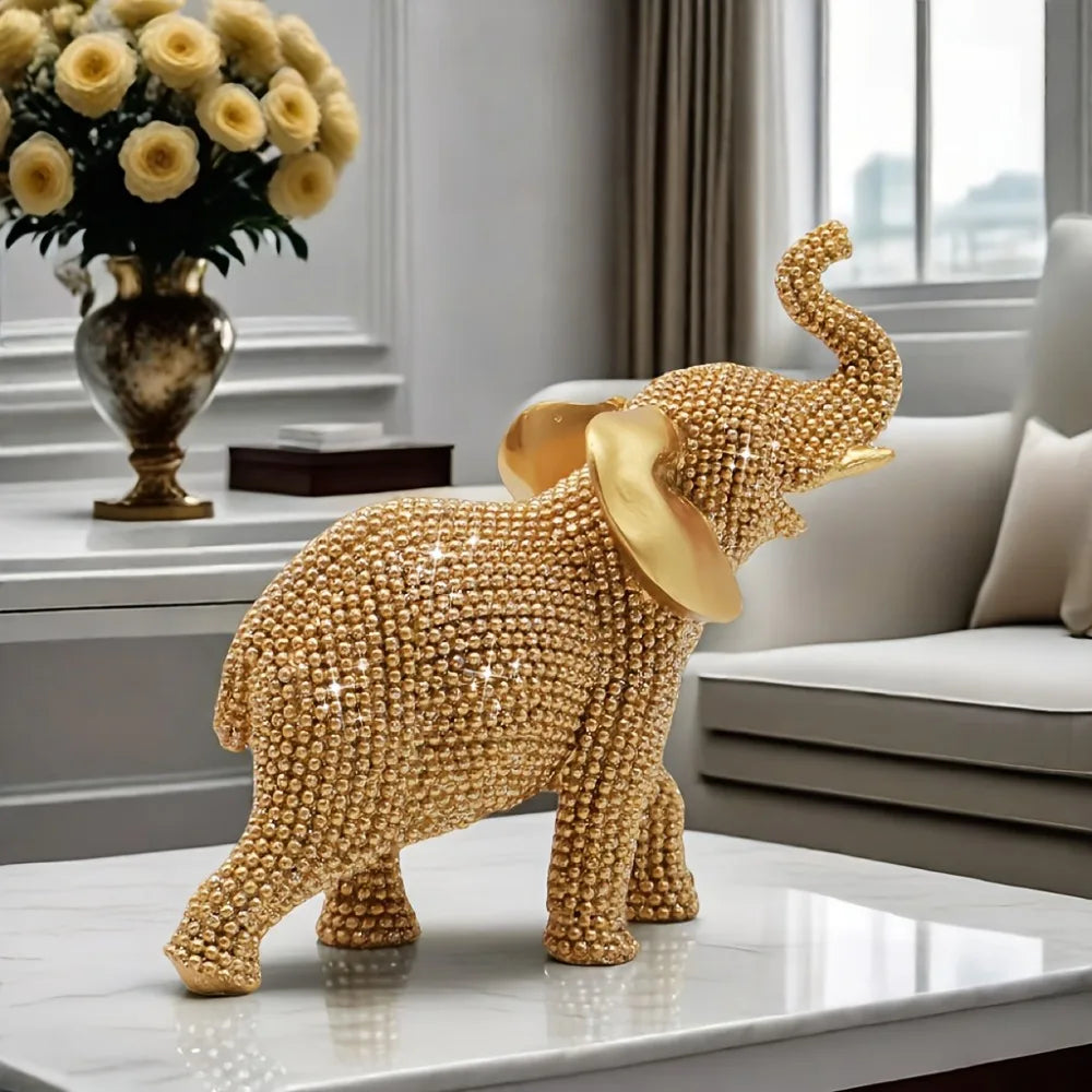 Textured Elephant Figurine – Gold Resin Prosperity Symbol
