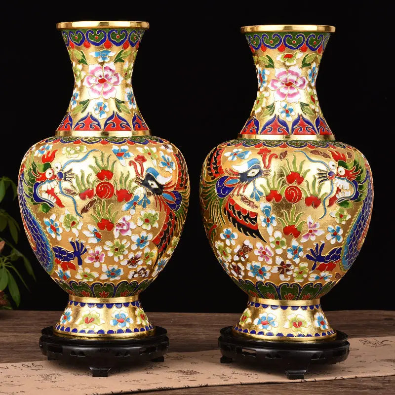 Imperial Pair - Cloisonné Enamel Vases with Floral Motifs