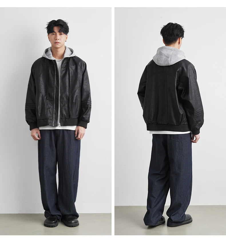 Faux Leather Motorcycle Jacket with Hood