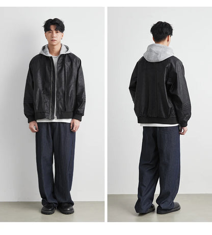 Faux Leather Motorcycle Jacket with Hood