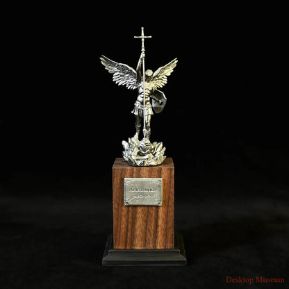 Saint Michael Warrior Figure on Walnut Pedestal