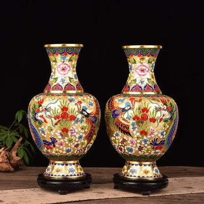 Imperial Pair - Cloisonné Enamel Vases with Floral Motifs
