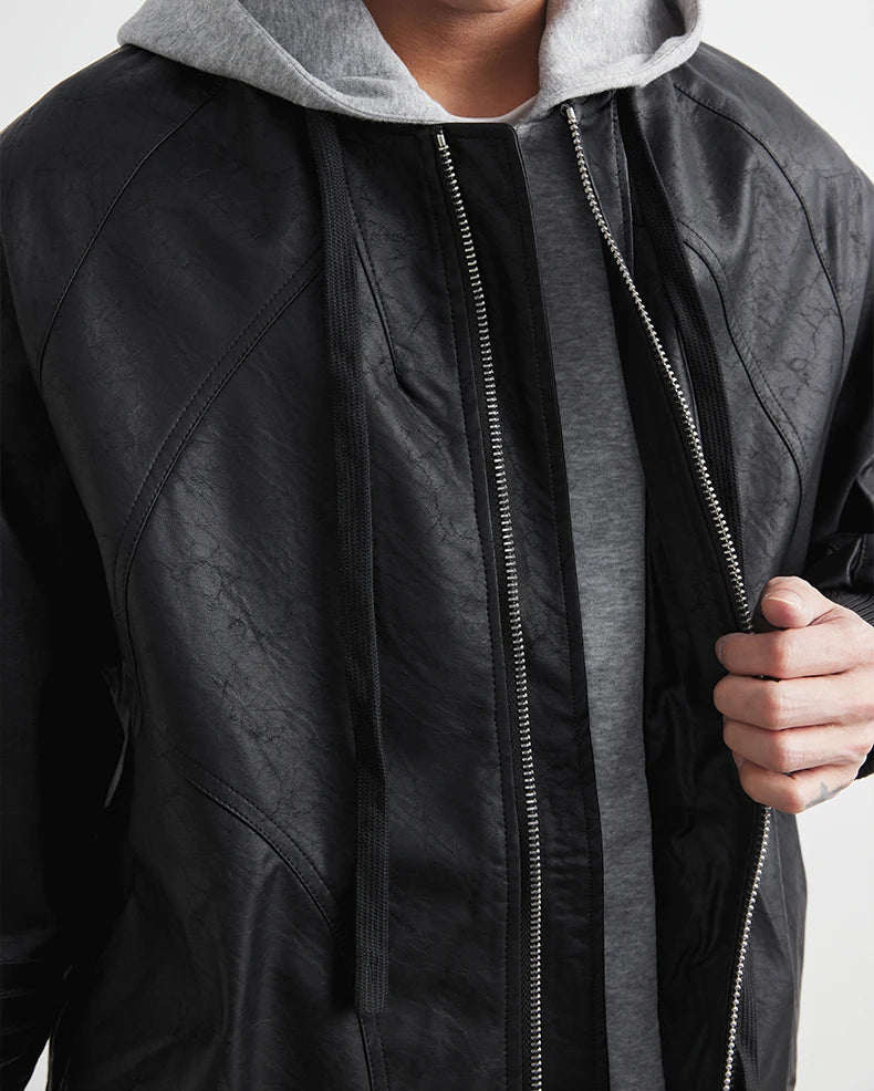 Faux Leather Motorcycle Jacket with Hood