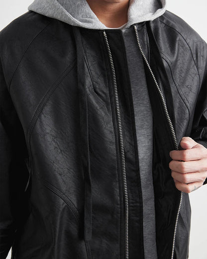Faux Leather Motorcycle Jacket with Hood