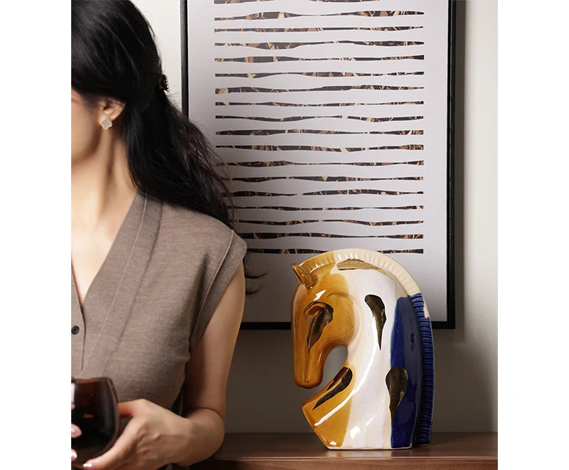 Tricolor Elegance - Abstract Ceramic Horse Sculpture