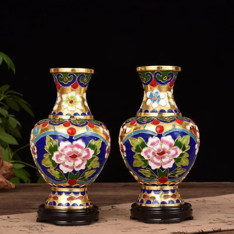 Imperial Pair - Cloisonné Enamel Vases with Floral Motifs