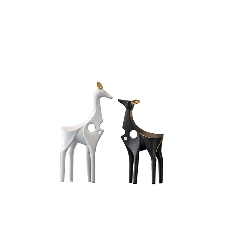 Black and White Ceramic Deer Statue Pair
