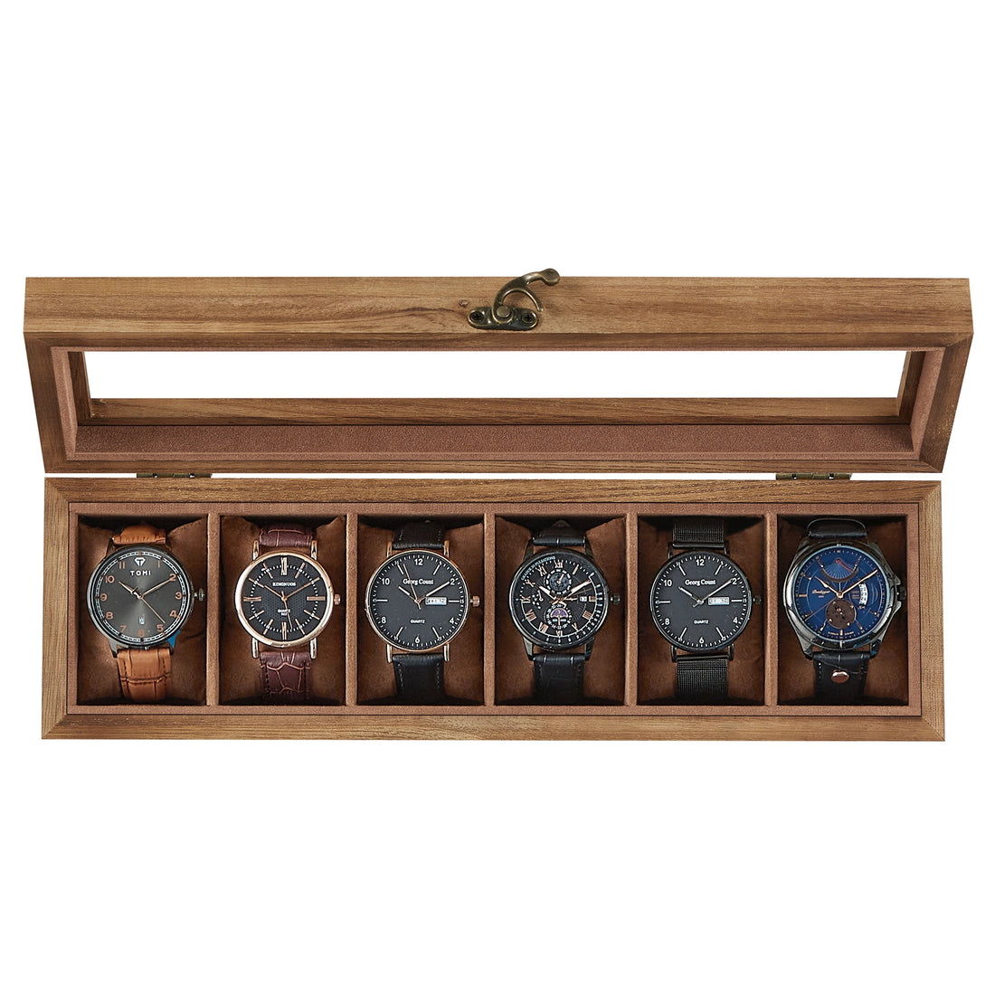Rustic 6-Slot Wooden Watch Display Box with Glass Lid and Velvet Lining