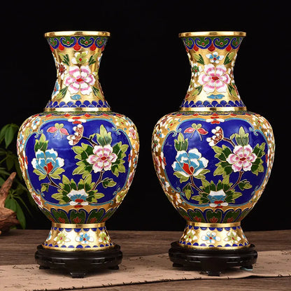 Imperial Pair - Cloisonné Enamel Vases with Floral Motifs