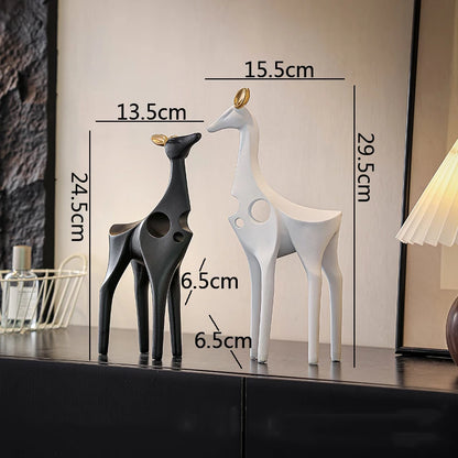 Black and White Ceramic Deer Statue Pair