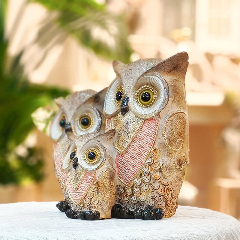 Gold and Red Owl Family Figurine