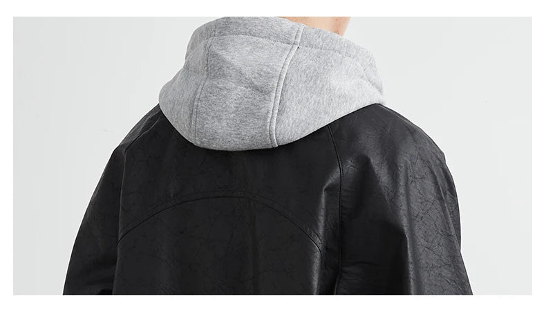 Faux Leather Motorcycle Jacket with Hood