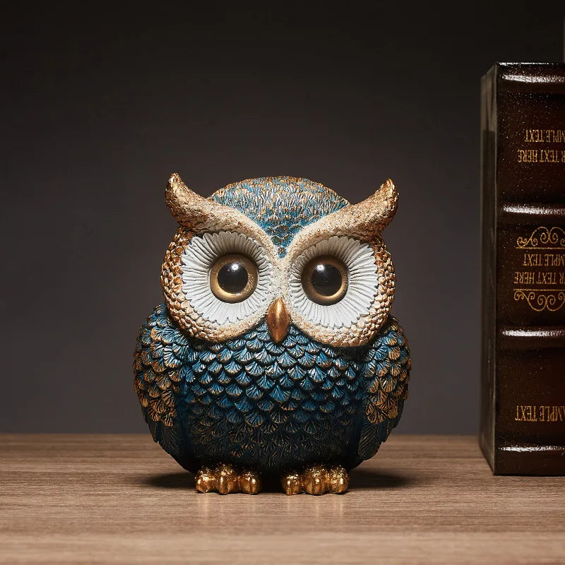 Rotund Owl Figurine – Deep Teal and Antique Gold