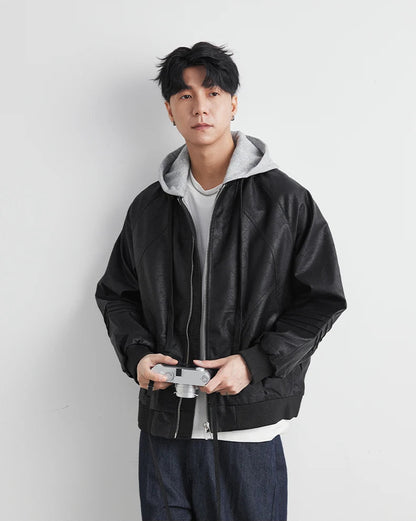 Faux Leather Motorcycle Jacket with Hood