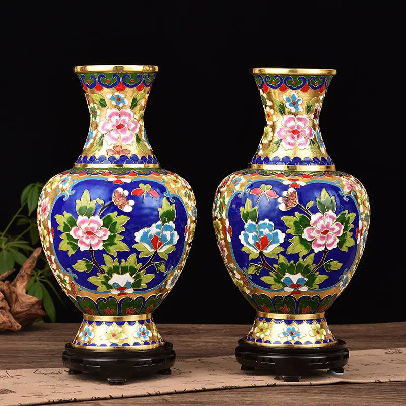 Imperial Pair - Cloisonné Enamel Vases with Floral Motifs