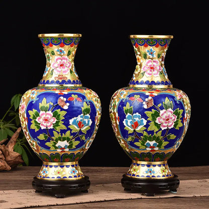 Imperial Pair - Cloisonné Enamel Vases with Floral Motifs