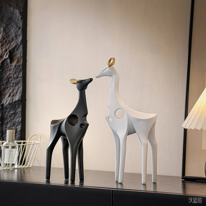 Black and White Ceramic Deer Statue Pair