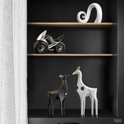 Black and White Ceramic Deer Statue Pair