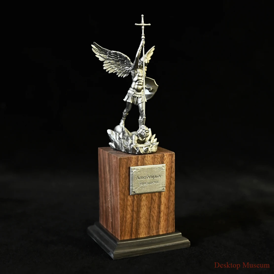 Saint Michael Warrior Figure on Walnut Pedestal