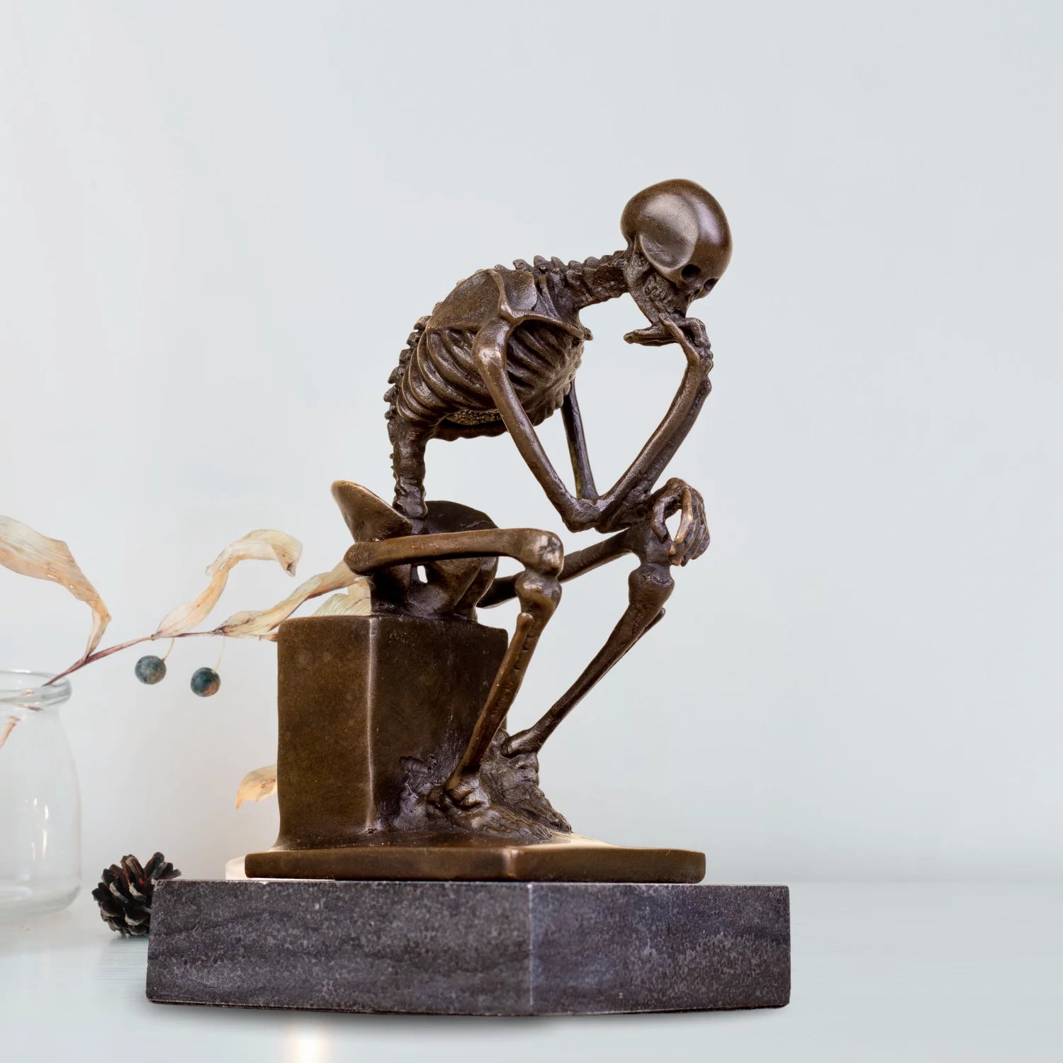 The Mortality - Skull Thinker Bronze Sculpture on Marble Base