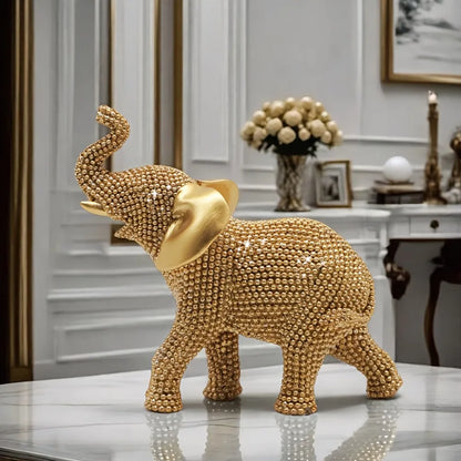 Textured Elephant Figurine – Gold Resin Prosperity Symbol