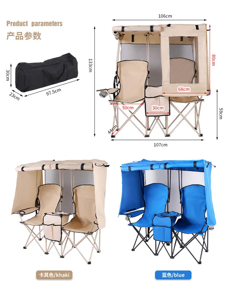 Heavy-Duty Double Folding Camping Chair with Integrated Canopy