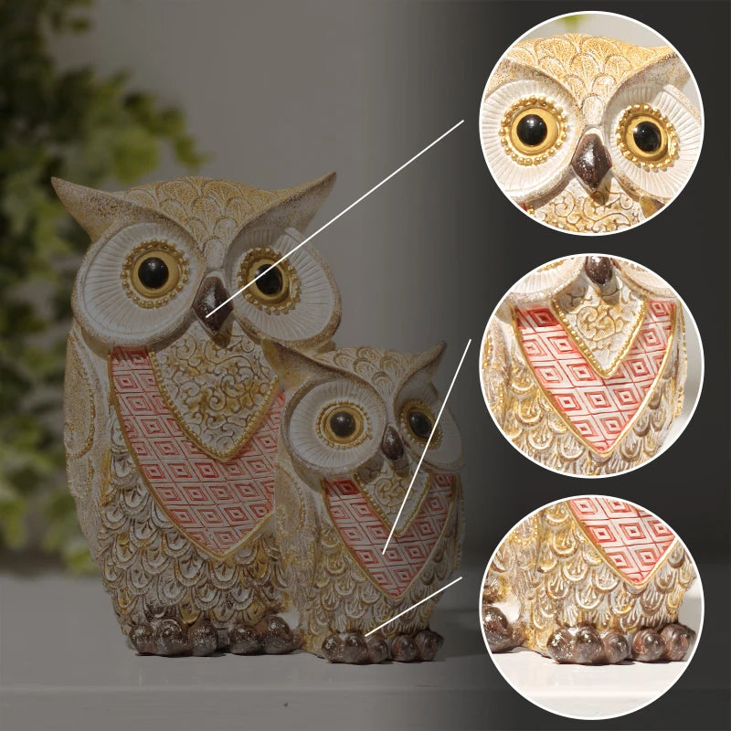 Gold and Red Owl Family Figurine