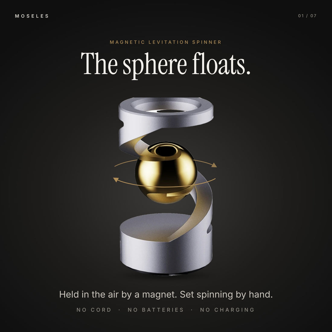 Metal Magnetic Levitation Spinner in Silver, gold sphere hovering inside a cast metal helix