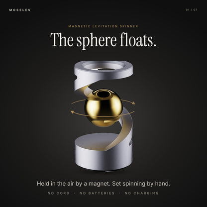Metal Magnetic Levitation Spinner in Silver, gold sphere hovering inside a cast metal helix