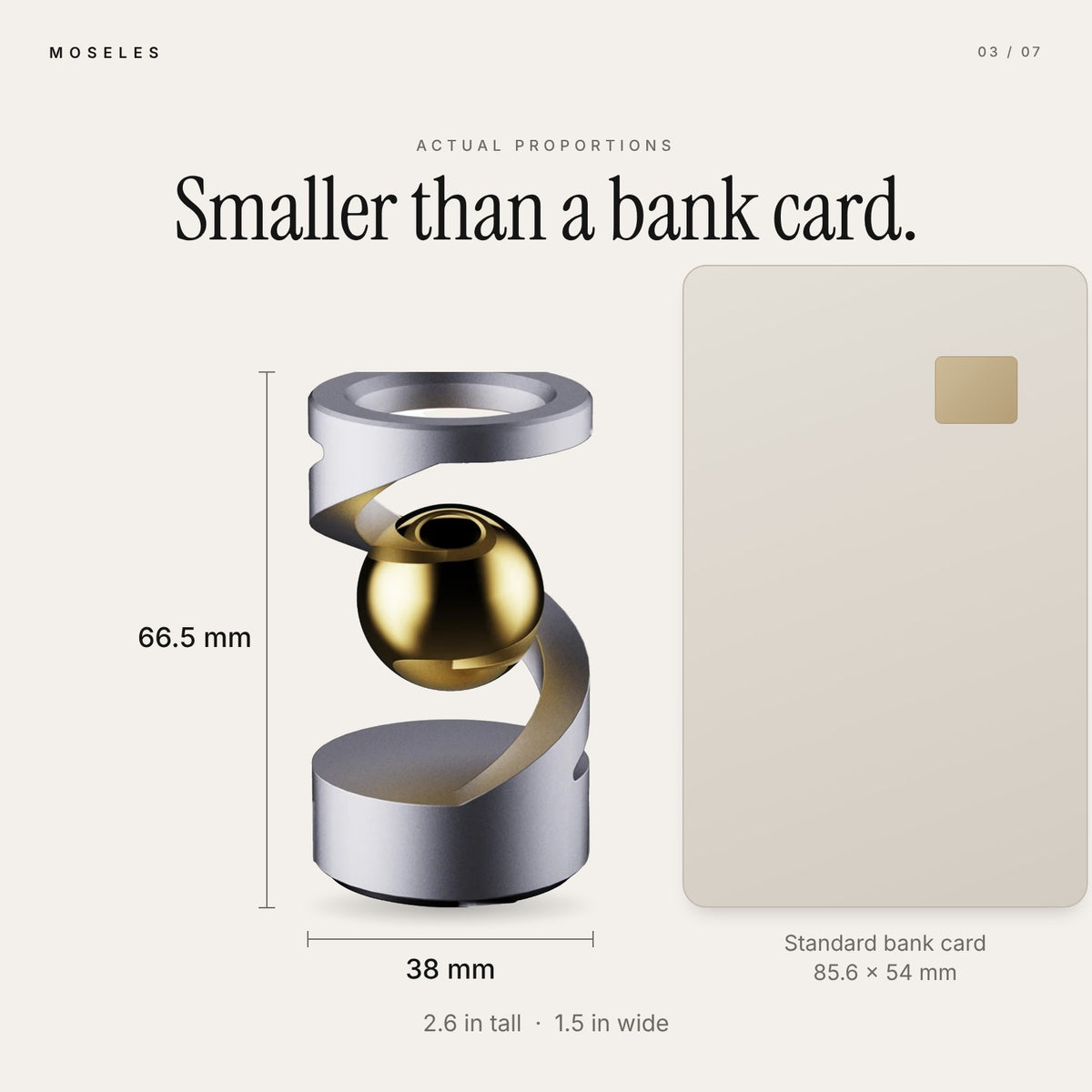 Levitation spinner size, 66.5 mm tall and 38 mm wide, shown next to a standard bank card