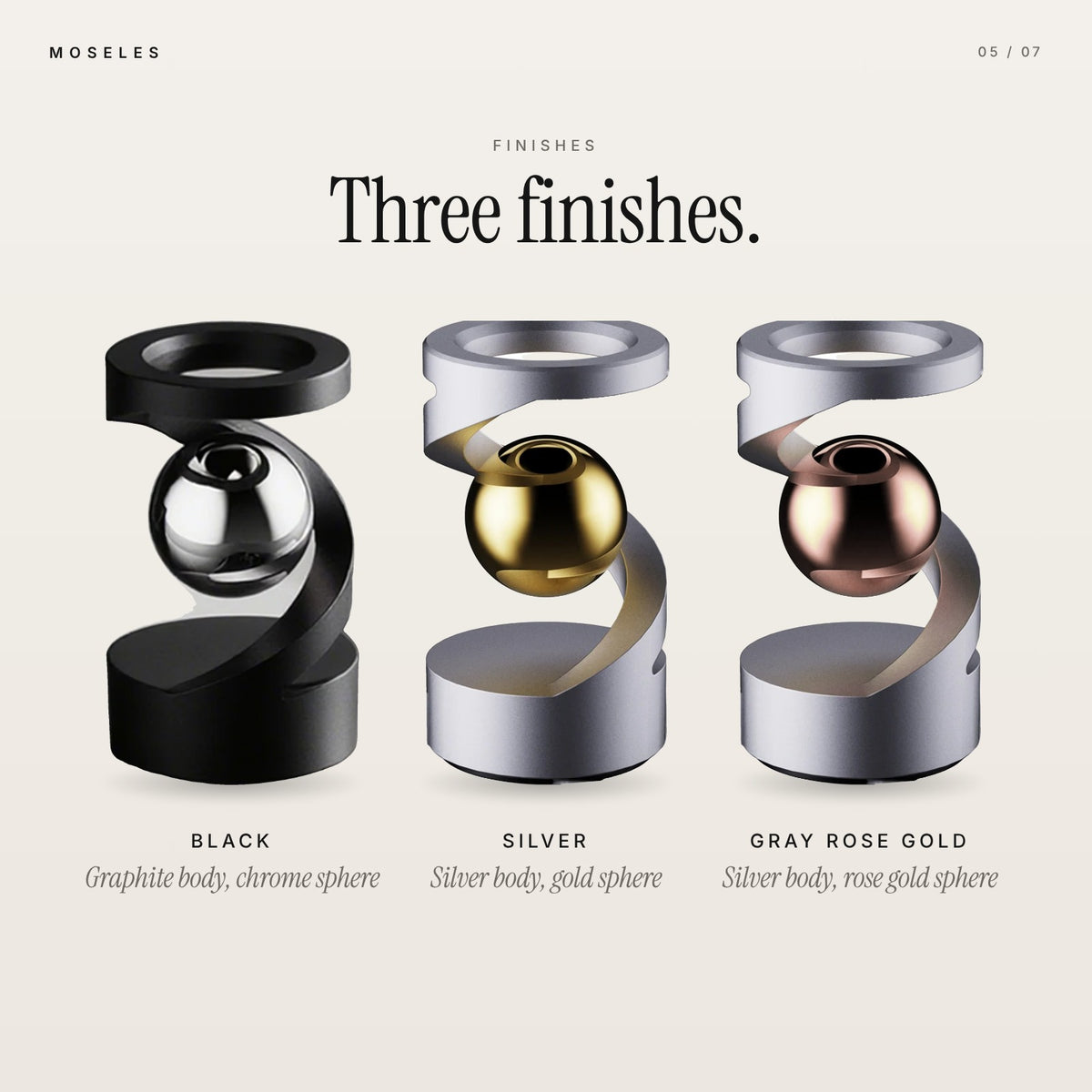 Three finishes of the levitation spinner: Black, Silver and Gray Rose Gold
