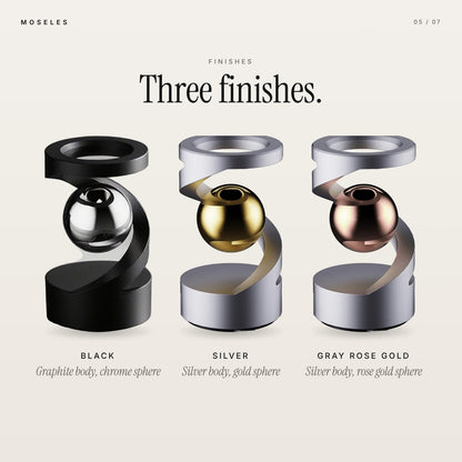 Three finishes of the levitation spinner: Black, Silver and Gray Rose Gold