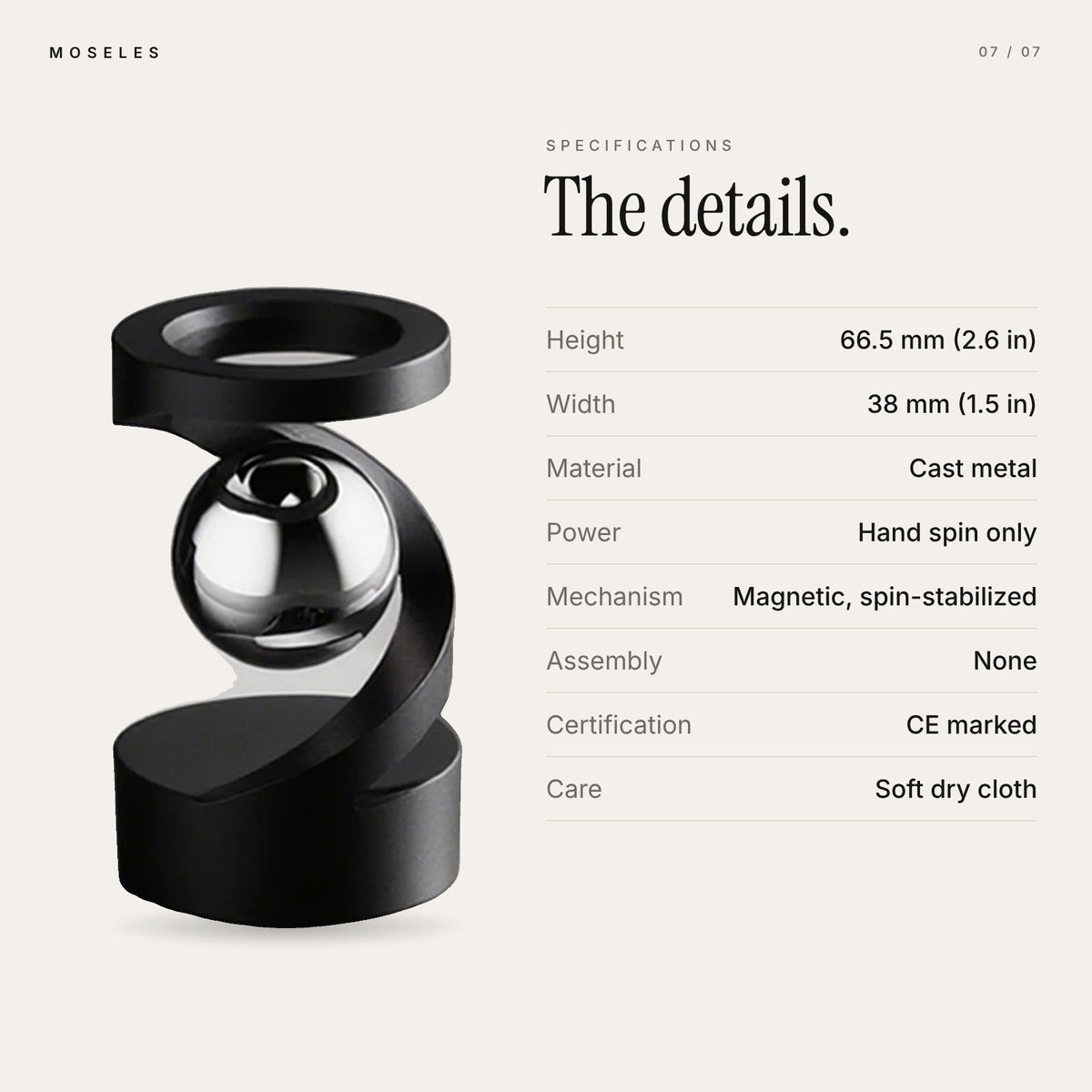 Levitation spinner specifications: cast metal, hand spin only, CE marked, no assembly